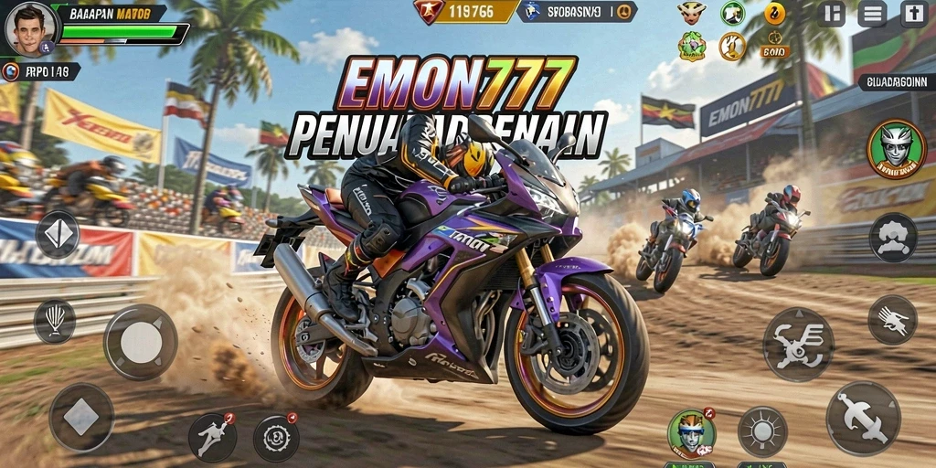 Screenshot EMON777 menampilkan aksi balap motor yang intens.