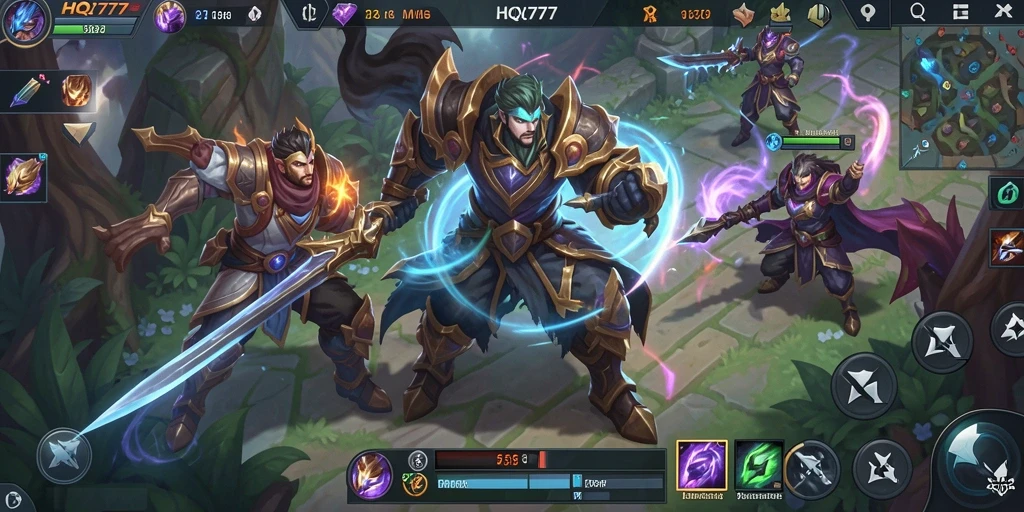 Screenshot gameplay HQ777 menunjukkan aksi pertarungan epik di arena MOBA.