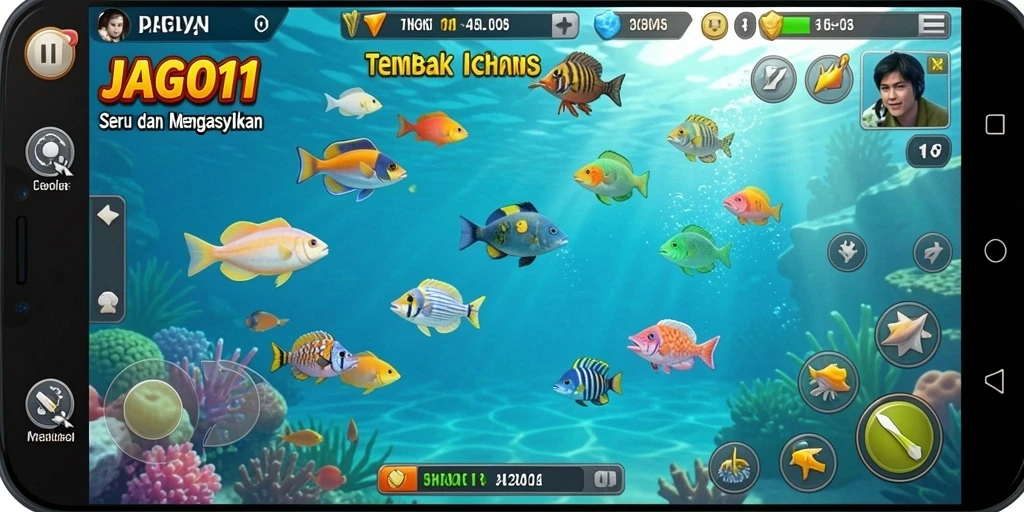 Tampilan gameplay JAGO11 dengan suasana laut dan ikan berwarna-warni.