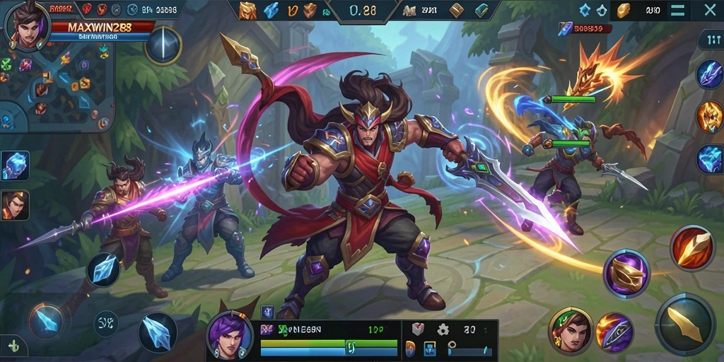 Tampilan gameplay seru di <strong>MAXWIN288</strong> dengan berbagai karakter MOBA.