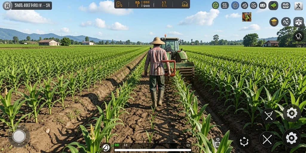 Tampilan gameplay ME355 dengan pertanian yang indah dan aktif.