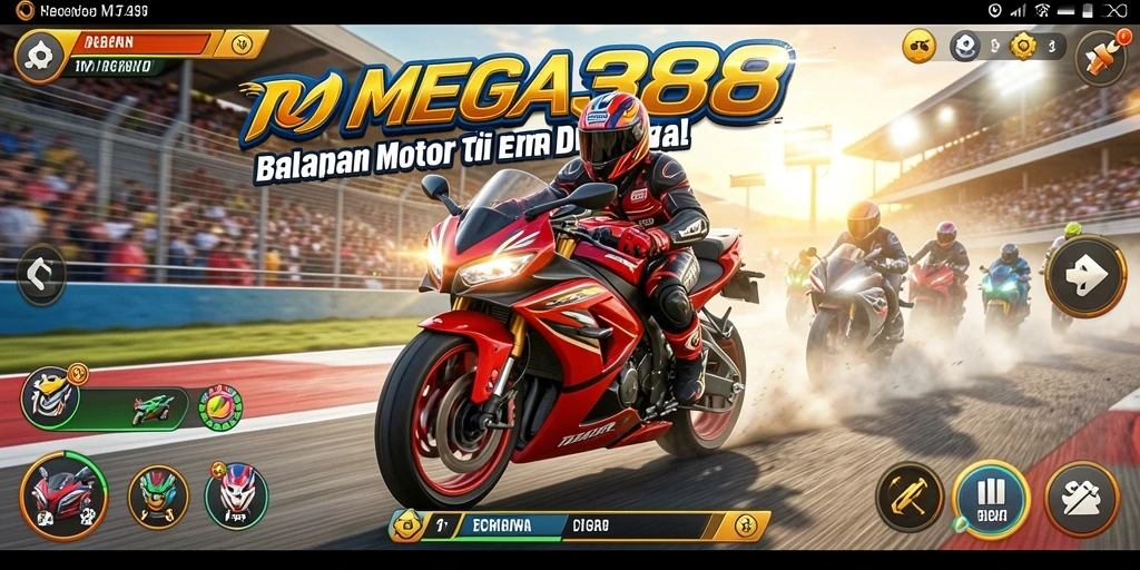 Screenshot gameplay MEGA388 dengan aksi balapan motor yang seru.