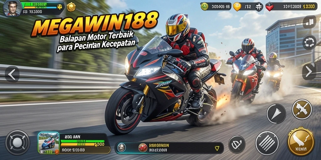 Screenshot gameplay MEGAWIN188 menampilkan aksi balap motor yang dinamis.
