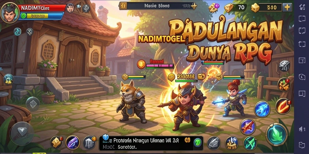 Layar gameplay NADIMTOGEL yang menunjukkan pertempuran dan eksplorasi dunia RPG.