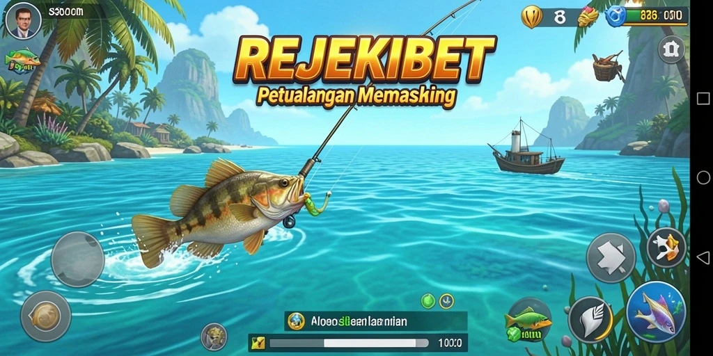 Screenshot gameplay <strong>REJEKIBET</strong> menunjukkan petualangan memancing yang seru.