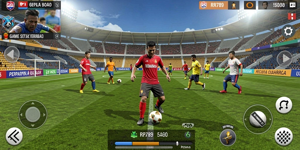 Screenshot gameplay RR789 menampilkan momen mendebarkan di lapangan sepak bola.