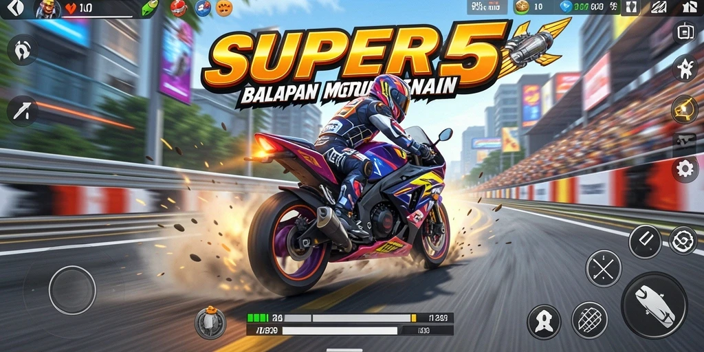 Tangkapan layar gameplay SUPER5 menampilkan aksi balapan motor yang dinamis.