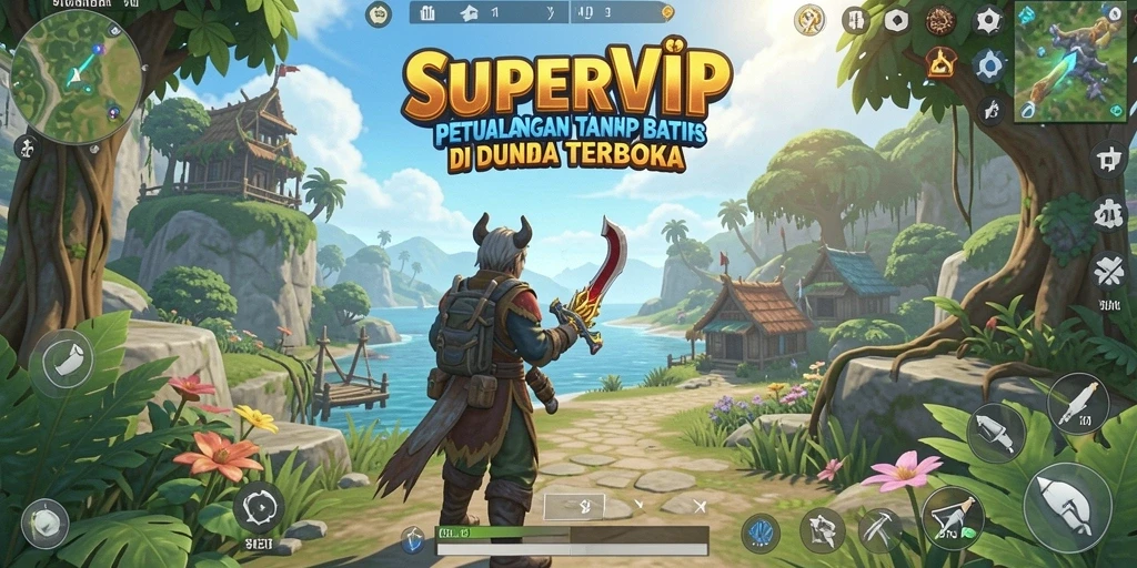 Tangkapan layar gameplay SUPERVIP dengan dunia terbuka yang epik.