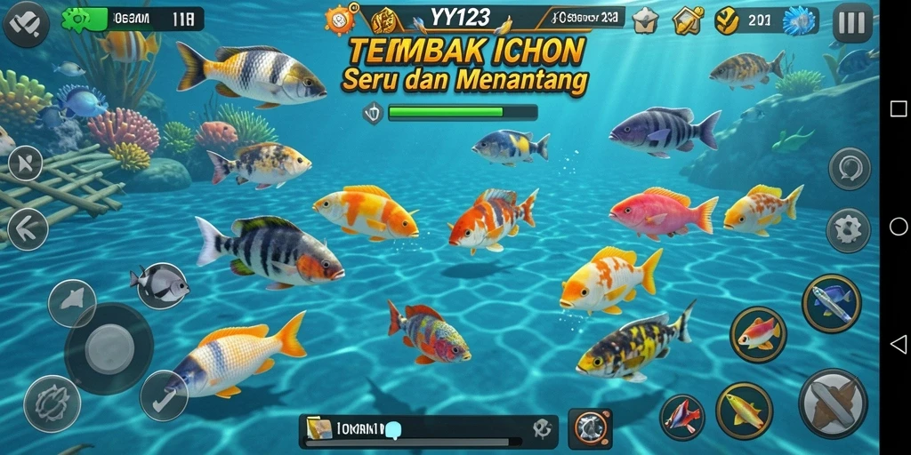 Tampilan gameplay seru di YY123 dengan berbagai ikan yang menantang.